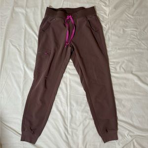 Figs Women's Jogger Pants in Deep Brown with Pink Drawstring